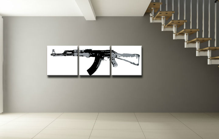 Tablou pictat manual POP Art Kalashnikov 3-piese -  150x50 cm