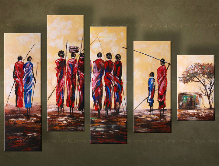 >In stoc< Tablouri canvas pictat manual  AFRICA 5 piese 150x100 cm 5935FA/24h